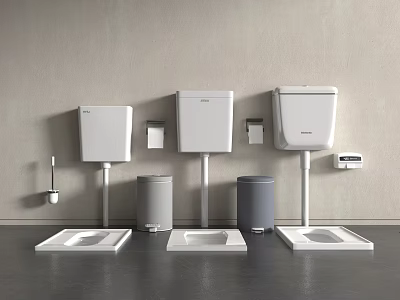 Three Modern Wall Mounted Toilet Systems With Cisterns Trash Bins And Holders 3d model
