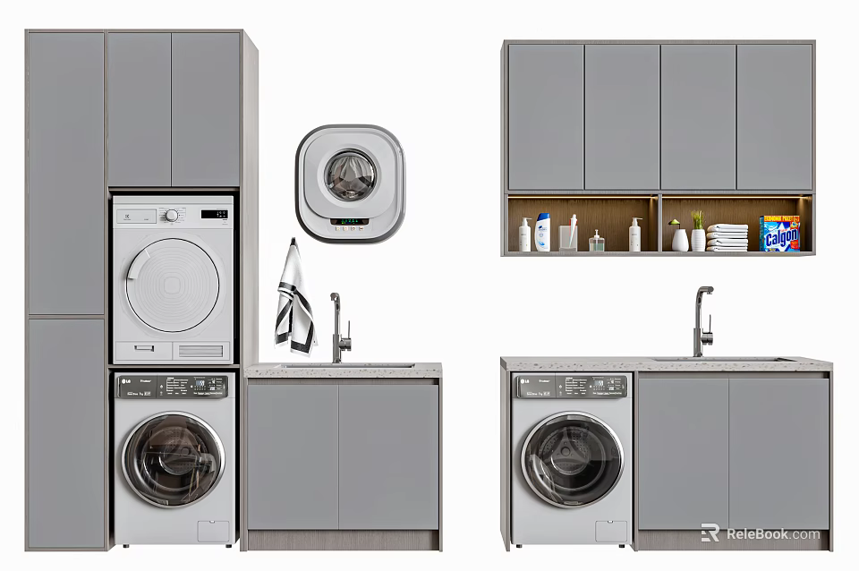 Contemporary Bathroom Cabinet Rack with Washer Sink Countertop and Storage Cabinets 3d model 