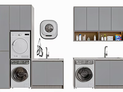 Contemporary Bathroom Cabinet Rack with Washer Sink Countertop and Storage Cabinets 3d model
