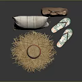 Straw Tote Bag With Decorative Pillow Straw Hat And Flip Flops 3d model