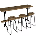 Rustic Wooden Bar Counter With Metal Frame And Three Stools