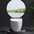 White Modern Toilet Interior With Round Window Lake View And Green Forest Trees
