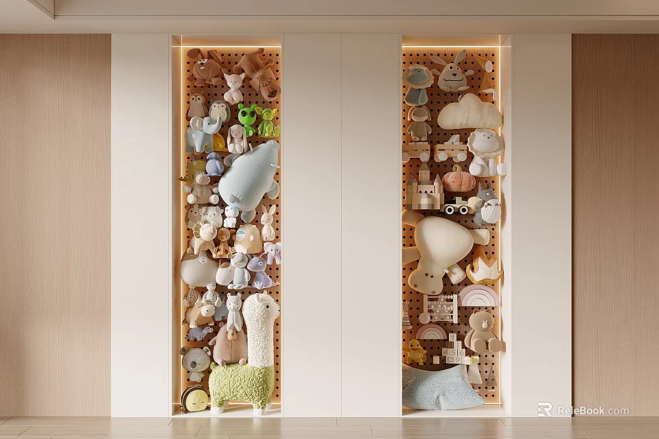 Various Colorful Stuffed Toys Display On Decorative Wall For Room Decoration 3d model 