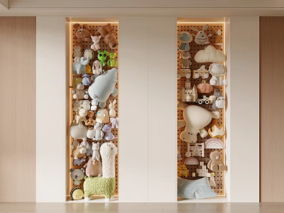 Various Colorful Stuffed Toys Display On Decorative Wall For Room Decoration 3d model
