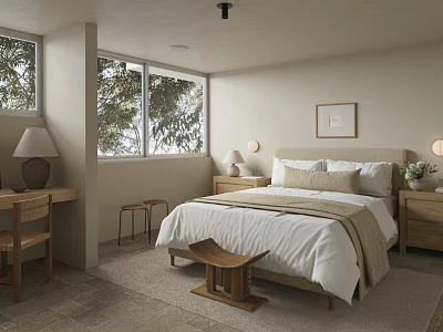 Modern Minimalist Bedroom Interior Design With Bed Nightstands Table Lamps Windows Desk And Stool 3d model