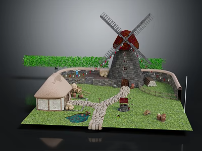 Detailed Model Scene Featuring Traditional Windmill Thatched Roof House Small Pond And Stone Path 3d model