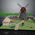 Detailed Model Scene Featuring Traditional Windmill Thatched Roof House Small Pond And Stone Path
