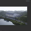 Industrial Factory with Modern White Exterior Dark Roof Surrounded by Green Hills River and Trees