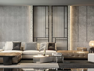 Modern Living Room Interior With Elegant Sofa Coffee Table Set And Textured Wall 3d model