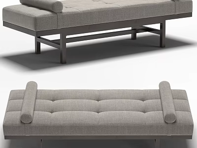 Gray Upholstered Ottoman With Tufted Design And Cylindrical Armrests On Metal Legs 3d model