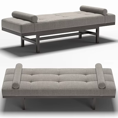 Gray Upholstered Ottoman With Tufted Design And Cylindrical Armrests On Metal Legs 3d model
