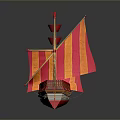 Ancient Sailing Ship Model With Red And Yellow Striped Sails And Wooden Masts