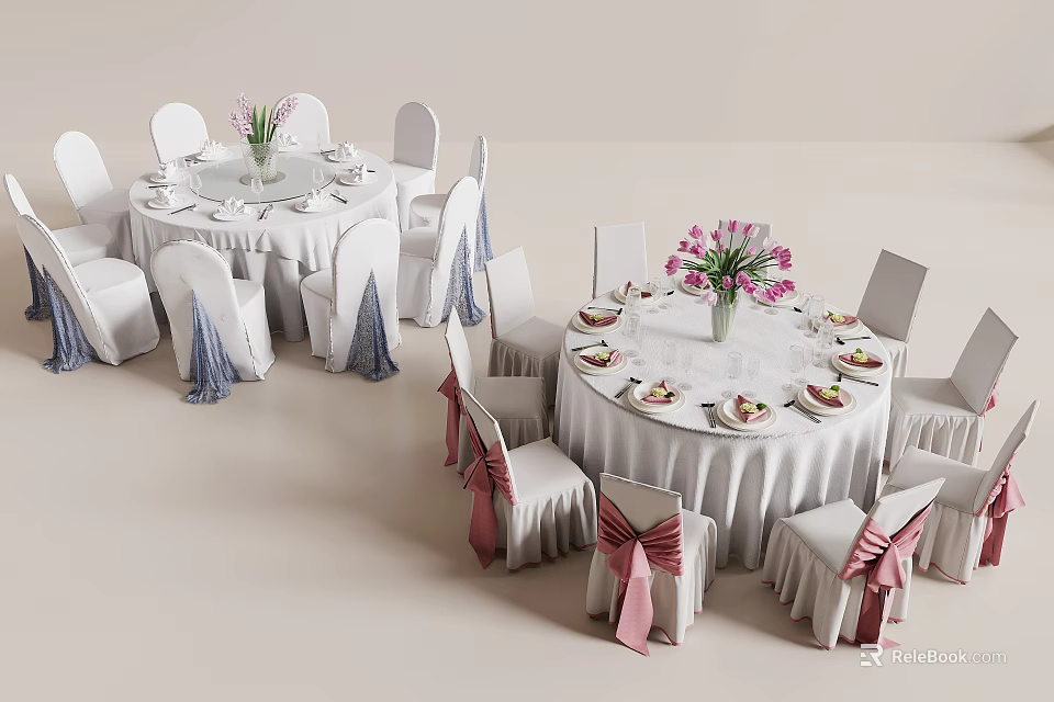 Elegant Banquet Hall Setup With Round Tables Flower Bouquets And Ribbon Decorated Chairs 3d model 