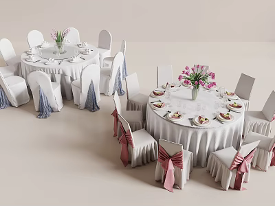 Elegant Banquet Hall Setup With Round Tables Flower Bouquets And Ribbon Decorated Chairs 3d model