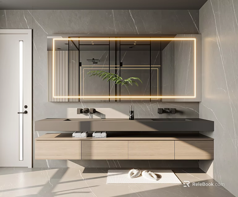 Modern Bathroom Interior With Marble Wall Backlit Mirror Double Vanity Wooden Cabinet And Green Plant 3d model 