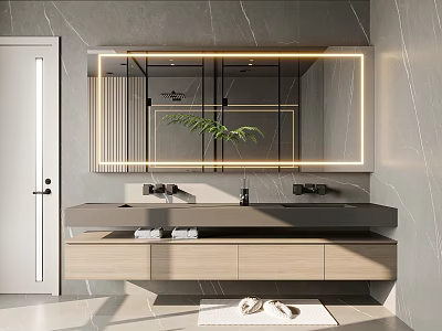 Modern Bathroom Interior With Marble Wall Backlit Mirror Double Vanity Wooden Cabinet And Green Plant 3d model