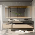 Modern Bathroom Interior With Marble Wall Backlit Mirror Double Vanity Wooden Cabinet And Green Plant