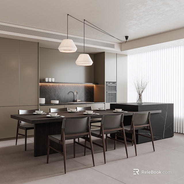 Modern Restaurant Interior with Dining Table Chairs Pendant Lights and Marble Countertop 3d model 