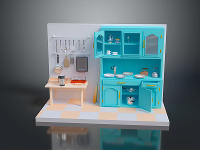 Toy Kitchen Interior Scene With Turquoise Cabinets Small Table And Utensils 3d model