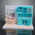 Toy Kitchen Interior Scene With Turquoise Cabinets Small Table And Utensils 3d model