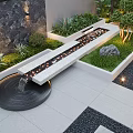 Modern Courtyard Garden With Fountain Green Plants Seating Steps Lighting And Modern Architecture