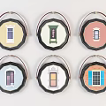 Six Decorative Hanging Ornaments With Colorful Backdrops And Window Door Patterns 3d model