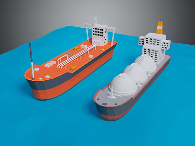 Detailed Ship Models Including Oil Tanker and LNG Carrier With Spherical Tanks on Blue Base 3d model