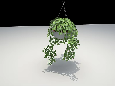 Lush Green Hanging Basket Plants With Trailing Vines And White Pot 3d model