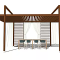 Wooden Pergola with Lattice Roof Slatted Screens White Curtains and Outdoor Dining Table and Chairs