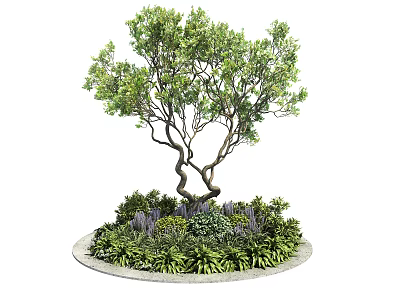 Circular Tree Pit With Curved Tree Trunk Green Plants And Purple Flowers 3d model