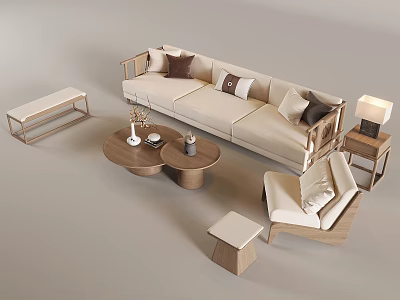 Elegant Modern Sofa and Coffee Table Set With Round Table Accent Pillows and Wooden Frame 3d model
