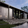 Modern Garden Landscape Design Featuring Tall Trees Stone Walls Water Pathway And Building Background