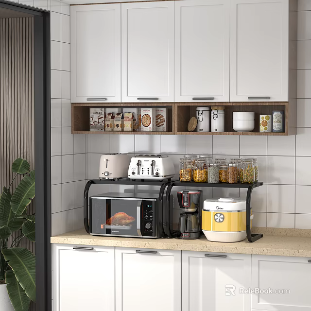 Efficient Kitchen Utensils Display with Microwave Rice Cooker Toaster Jars on Shelf and Light Countertop 3d model 