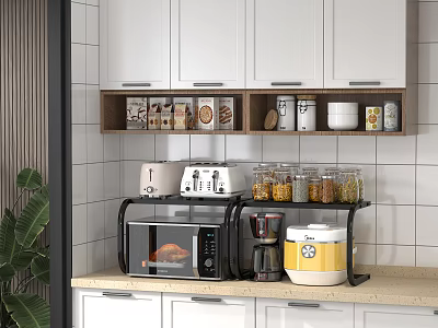 Efficient Kitchen Utensils Display with Microwave Rice Cooker Toaster Jars on Shelf and Light Countertop 3d model