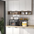 Efficient Kitchen Utensils Display with Microwave Rice Cooker Toaster Jars on Shelf and Light Countertop