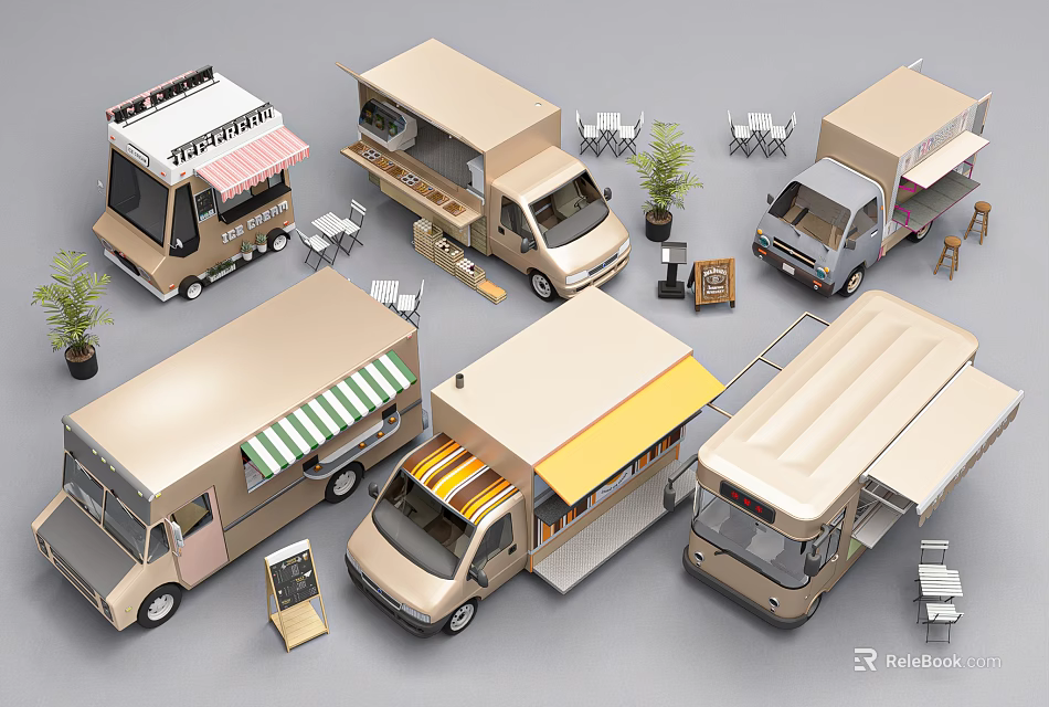 Various Stylish Functional Vehicles With Outdoor Awnings Tables Chairs And Menu Boards 3d model 