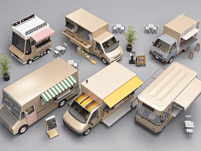 Various Stylish Functional Vehicles With Outdoor Awnings Tables Chairs And Menu Boards 3d model