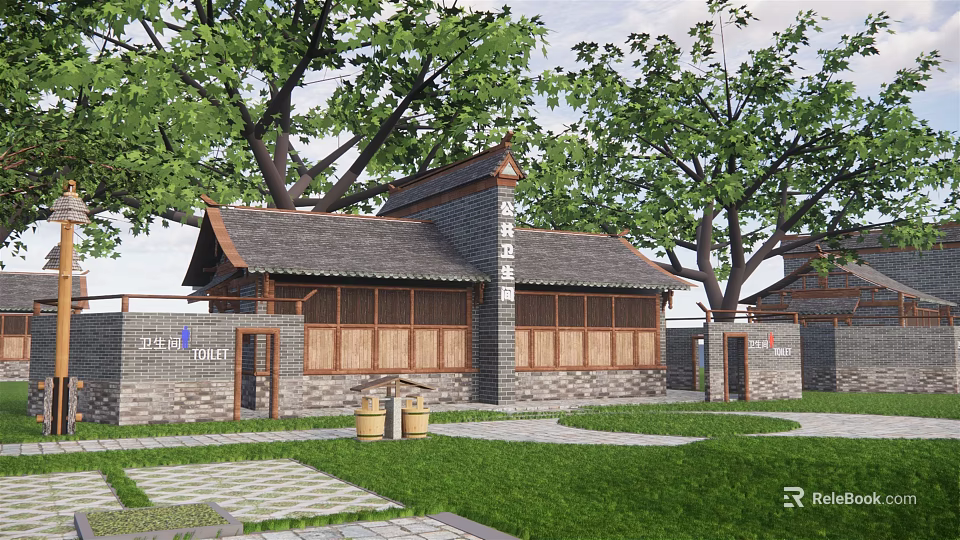 Traditional Building With Tile Roof Wooden Windows And Surrounding Trees On Green Lawn 3d model 