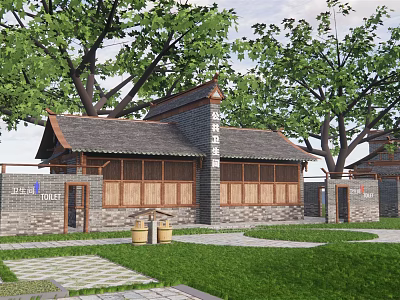 Traditional Building With Tile Roof Wooden Windows And Surrounding Trees On Green Lawn 3d model