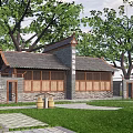 Traditional Building With Tile Roof Wooden Windows And Surrounding Trees On Green Lawn
