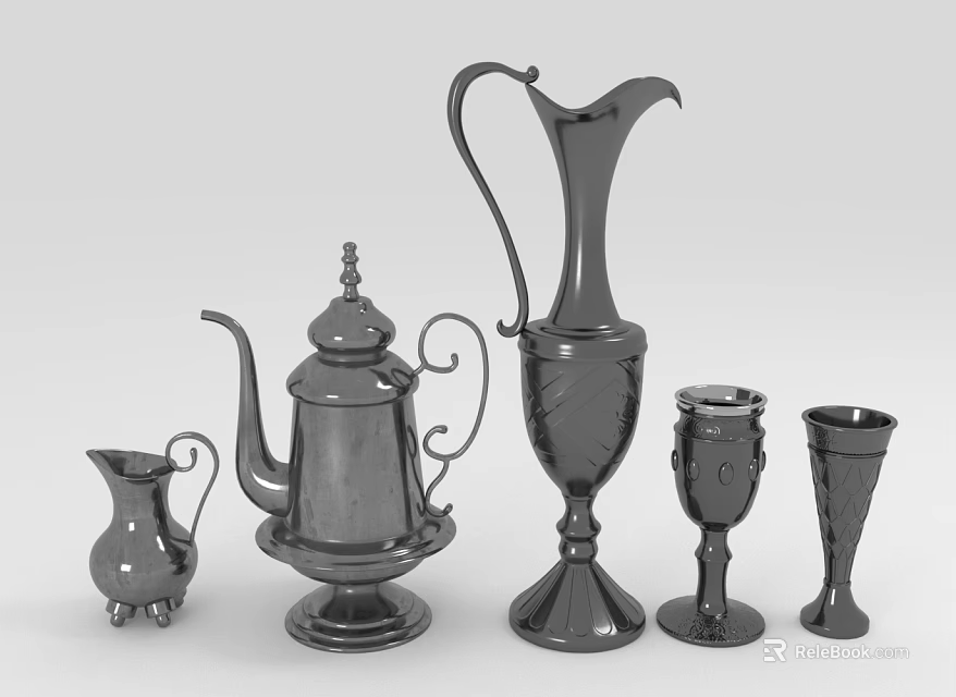 Vintage Metal Tea Set with Teapot Pitcher and Decorative Cups 3d model 