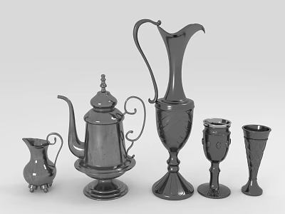 Vintage Metal Tea Set with Teapot Pitcher and Decorative Cups 3d model