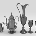 Vintage Metal Tea Set with Teapot Pitcher and Decorative Cups