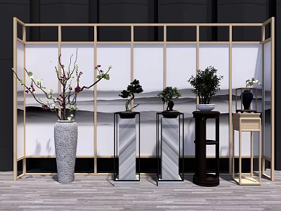 Bonsai Potted Plants Displayed on Stands with Wooden Screen in Modern Interior 3d model