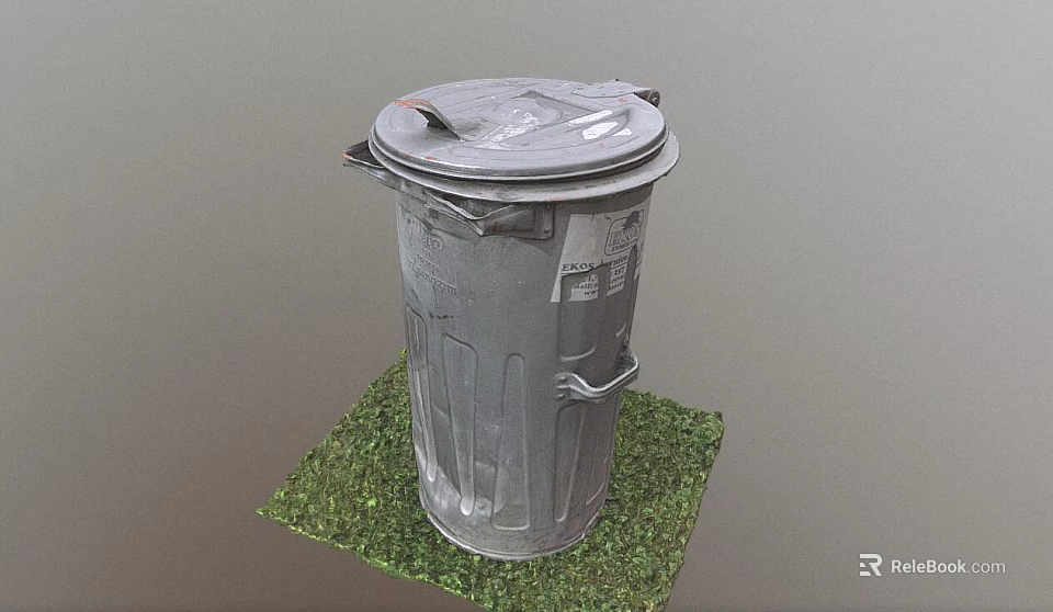Public Facility Metal Trash Can With Lid Placed On Green Grass Surface 3d model 