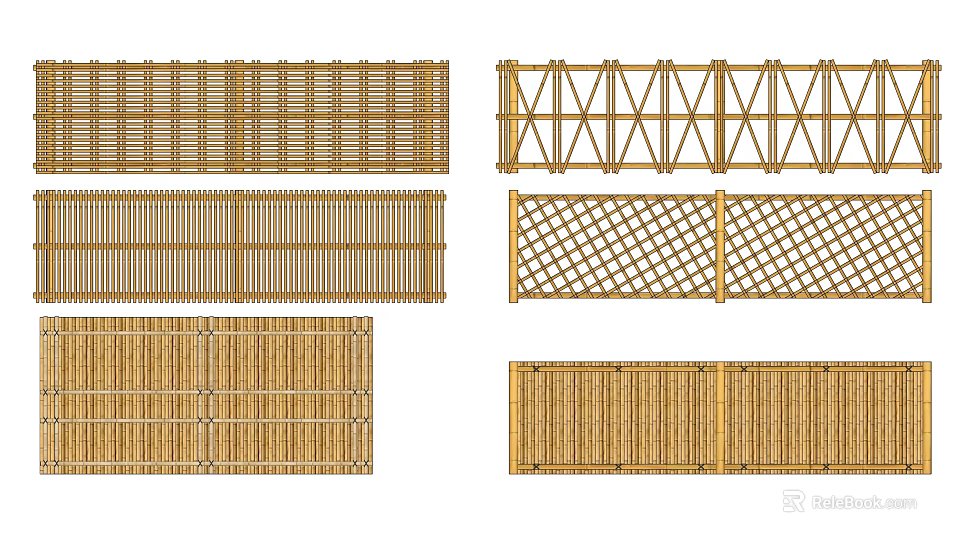 Various Bamboo Fence Styles With Grid Lattice And Solid Panel Designs 3d model