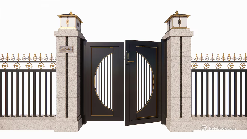 Black Metal Entrance Gate With Circular Hollow Design Stone Pillars And Decorative Lamps 3d model 