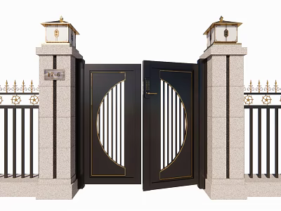 Black Metal Entrance Gate With Circular Hollow Design Stone Pillars And Decorative Lamps 3d model