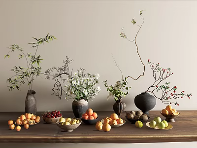 Stylish Decorative Ornament Set with Vases Plants Branches and Fruit Bowls on Wooden Table 3d model