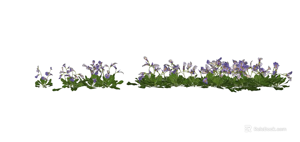 Vibrant Purple Flowers and Green Plants Arranged in a Row with Fresh Leaves 3d model 
